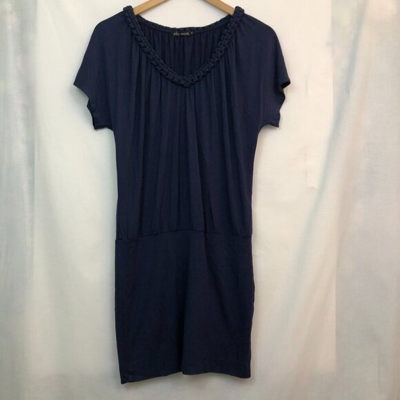 ELLA MOSS ANTHROPOLOGIE Odela Braid V-Neck Dress Navy Blue Blouson Mini Dress S - Picture 4 of 8